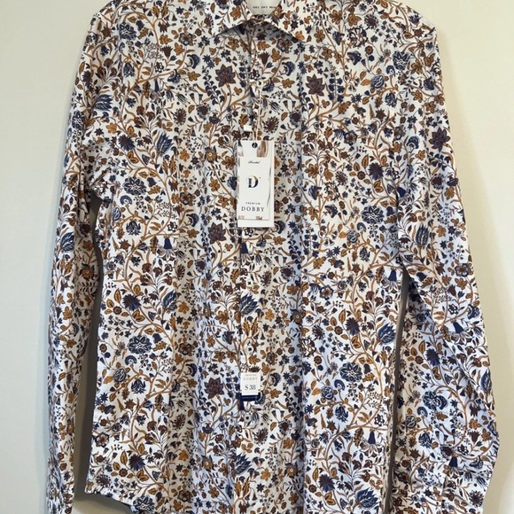 NEW W/ TAGS Denim & Flower Men Premium Dobby Button Up Blue/orange Floral Small - Picture 1 of 4